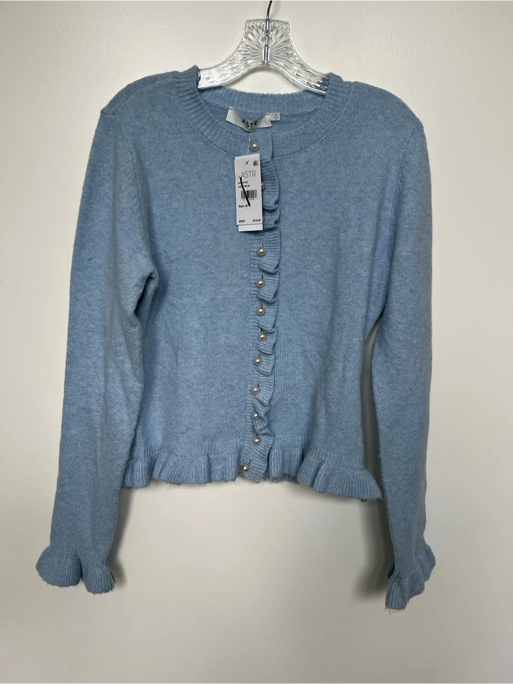 ASTR Sky Blue Eowyn Ruffle-Pearl Knit Cardigan